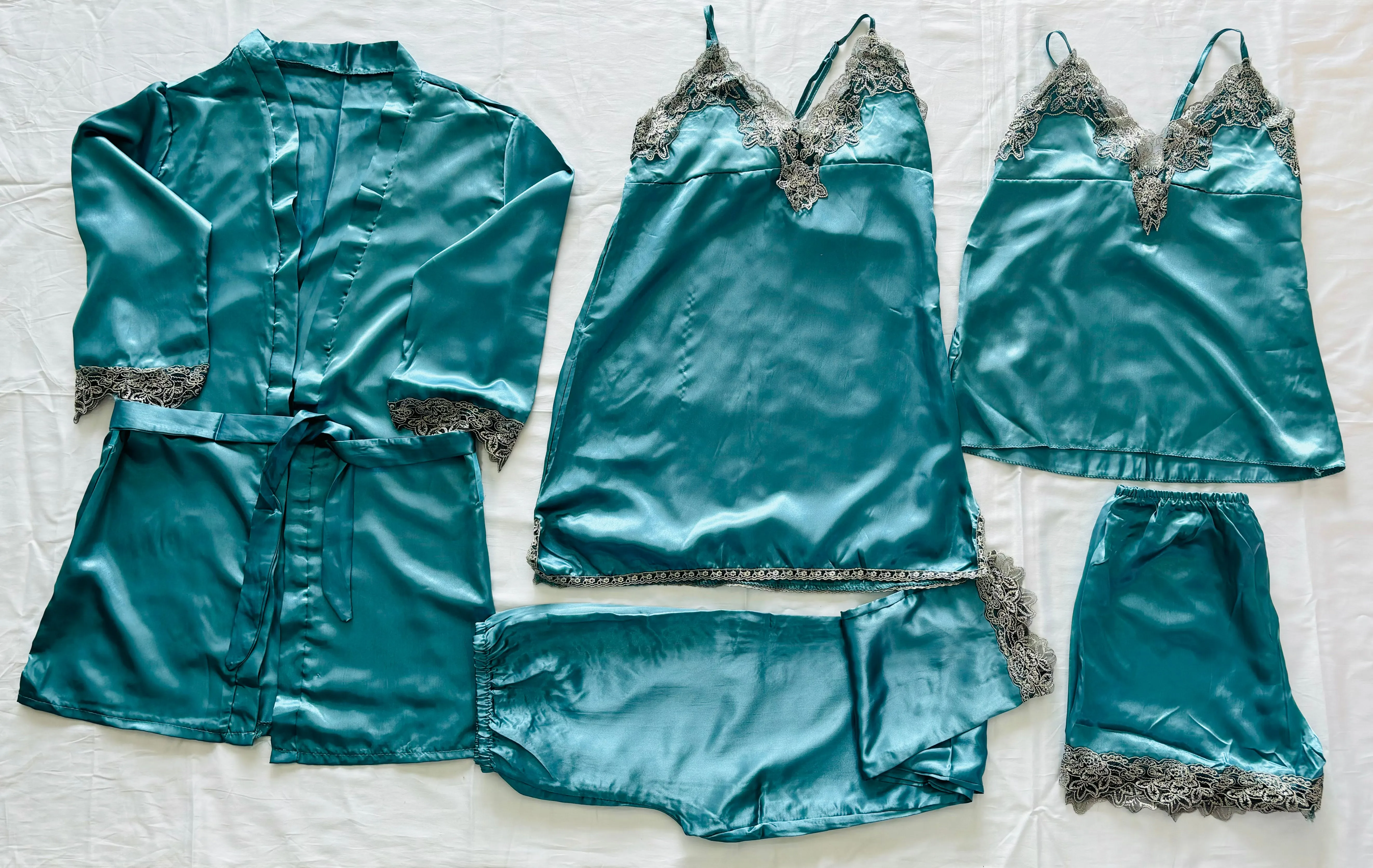 10062 - Silk Sleepwear Collection: 5-Piece Nightgown, Robe, Cami & Shorts Pajama Set for Women