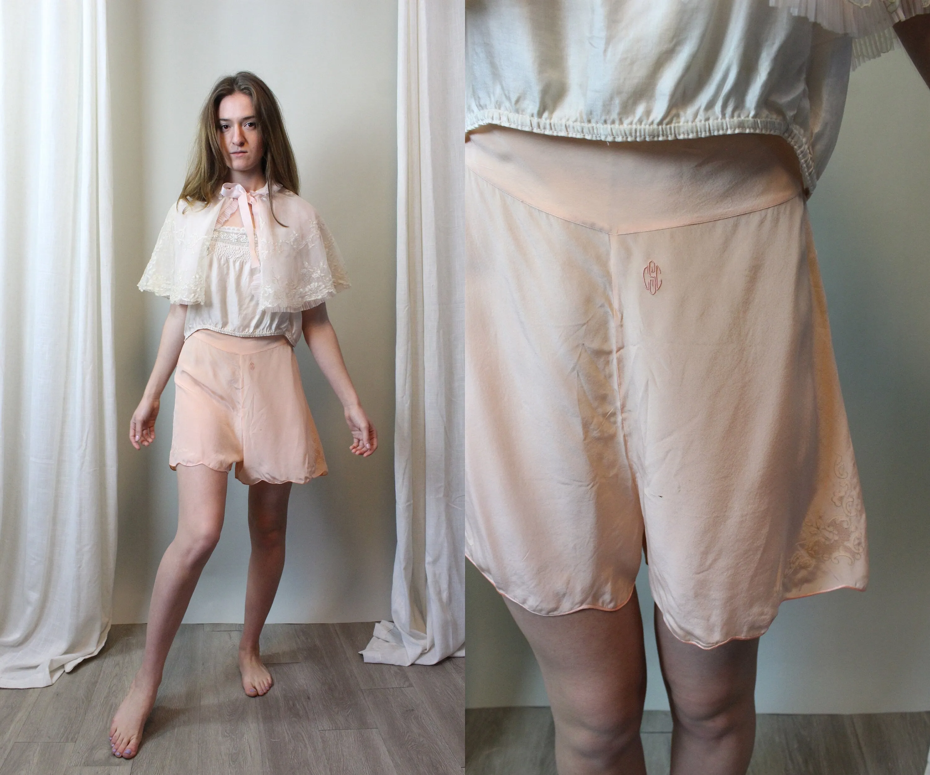1930s PEACH silk TAP SHORTS scallop hem small | new spring