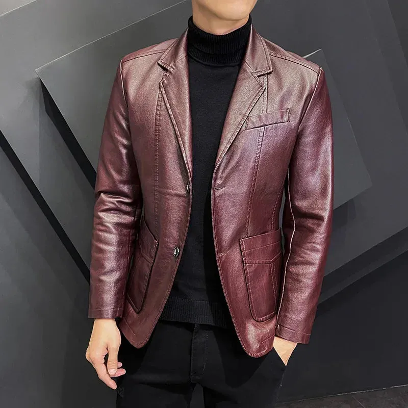 2023 New Autumn Casual Business Windbreaker Lapel Collar Faux Leather Jacket Men Slim High Quality Fashion Male Blazers Coat