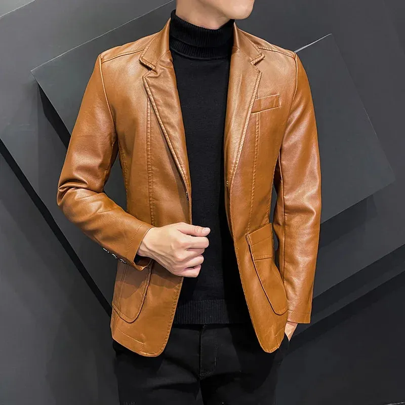 2023 New Autumn Casual Business Windbreaker Lapel Collar Faux Leather Jacket Men Slim High Quality Fashion Male Blazers Coat