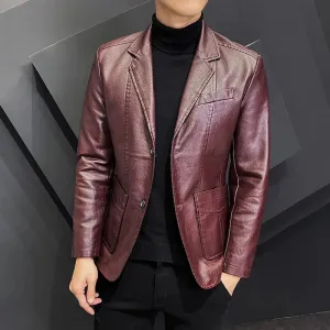 2023 New Autumn Casual Business Windbreaker Lapel Collar Faux Leather Jacket Men Slim High Quality Fashion Male Blazers Coat