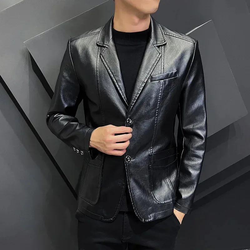 2023 New Autumn Casual Business Windbreaker Lapel Collar Faux Leather Jacket Men Slim High Quality Fashion Male Blazers Coat