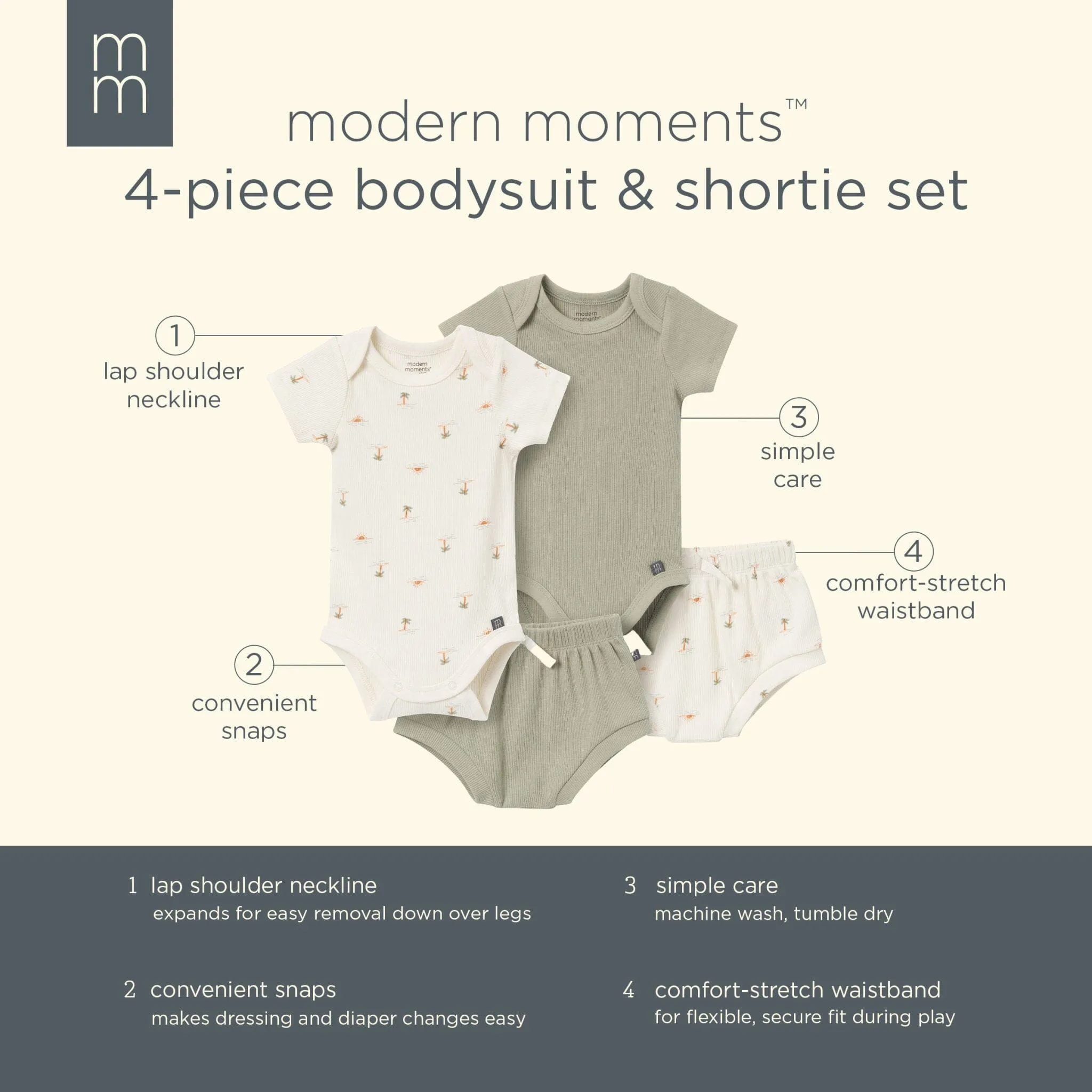 4-Piece Baby Neutral Ivory Mini Island Short Sleeve Bodysuits and Shorts Set