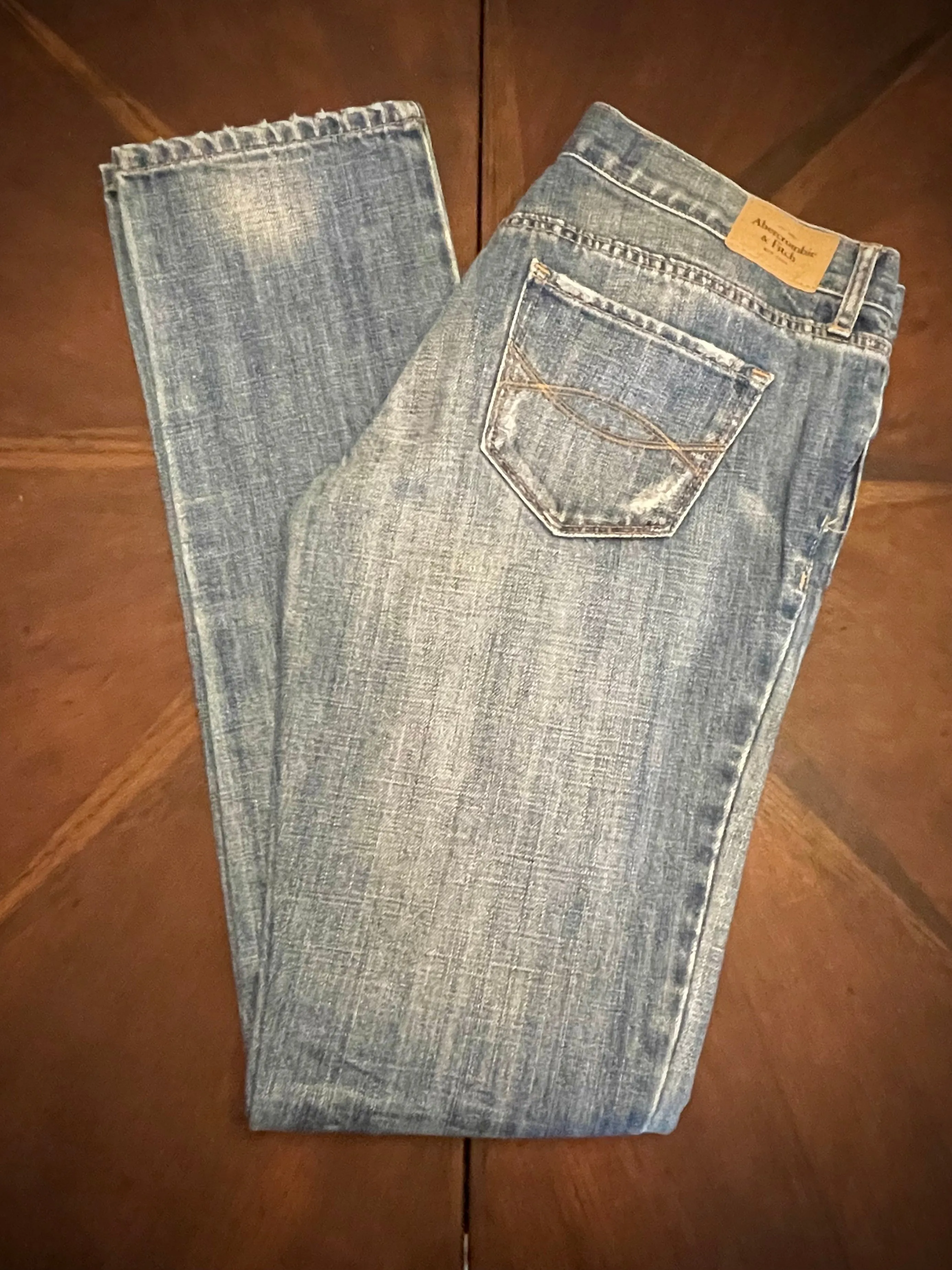 Abercrombie & Fitch Low-Rise Destructed Straight Leg Blue Jeans