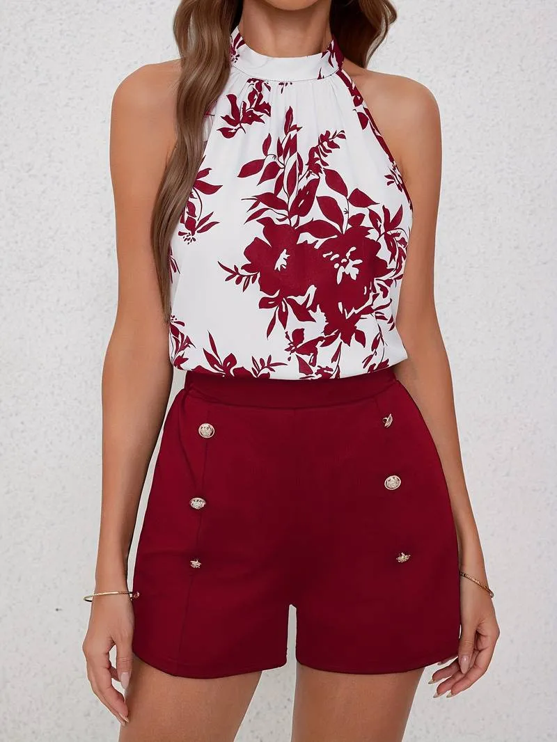 Abigail Halter Neck Tie-Back Floral Top and Shorts Set