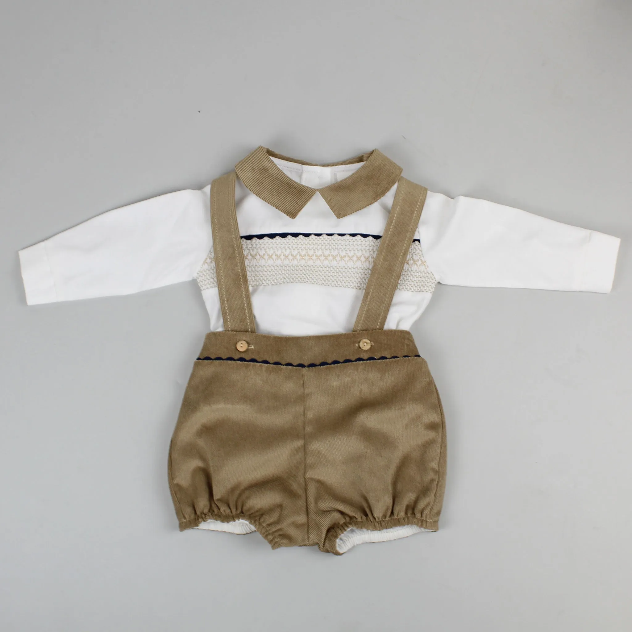 Baby Boys Beige Two Piece Outfit- Smocked Shirt, Braces and Shorts Set