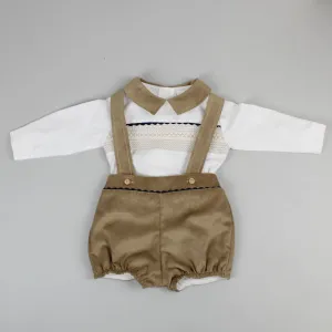 Baby Boys Beige Two Piece Outfit- Smocked Shirt, Braces and Shorts Set