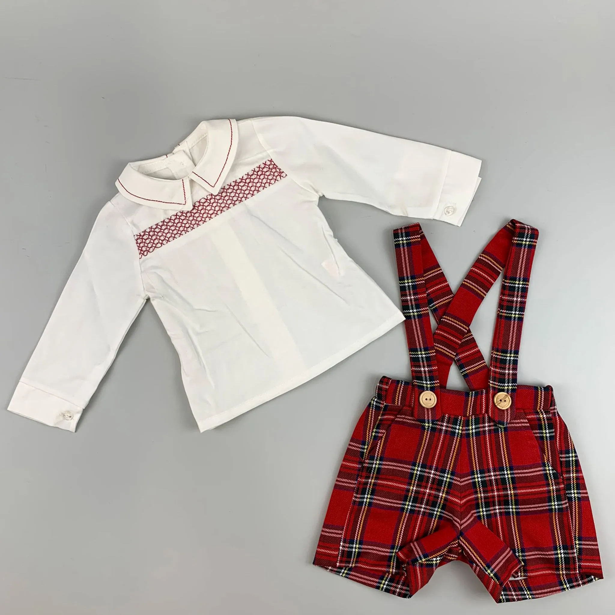 Baby Boys Red Tartan Two Piece Outfit- Shirt and Short with Braces Set