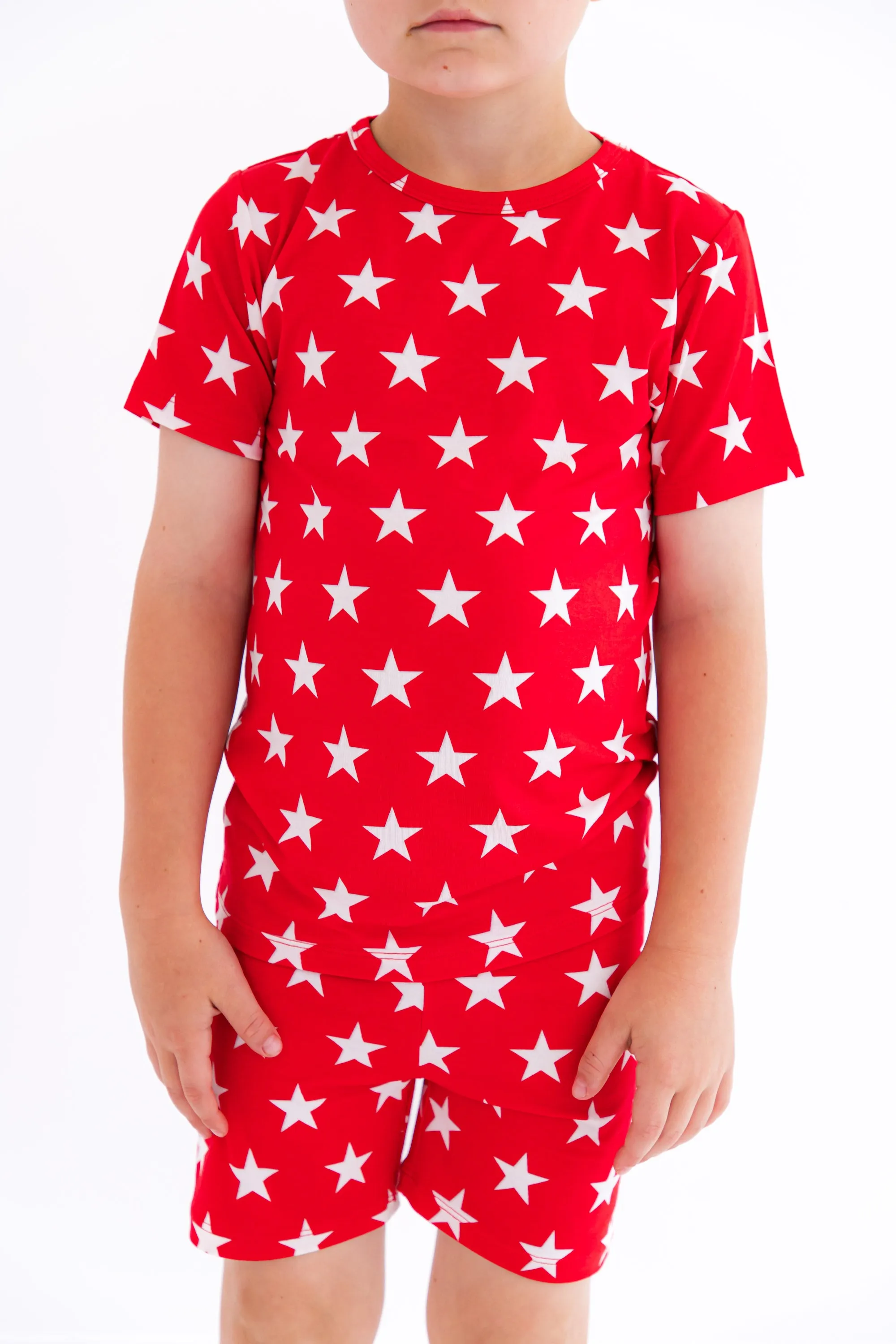 Birdie Bean Red Stars 4th of July Print 2-piece Short Sleeve Kids Pajamas with Shorts