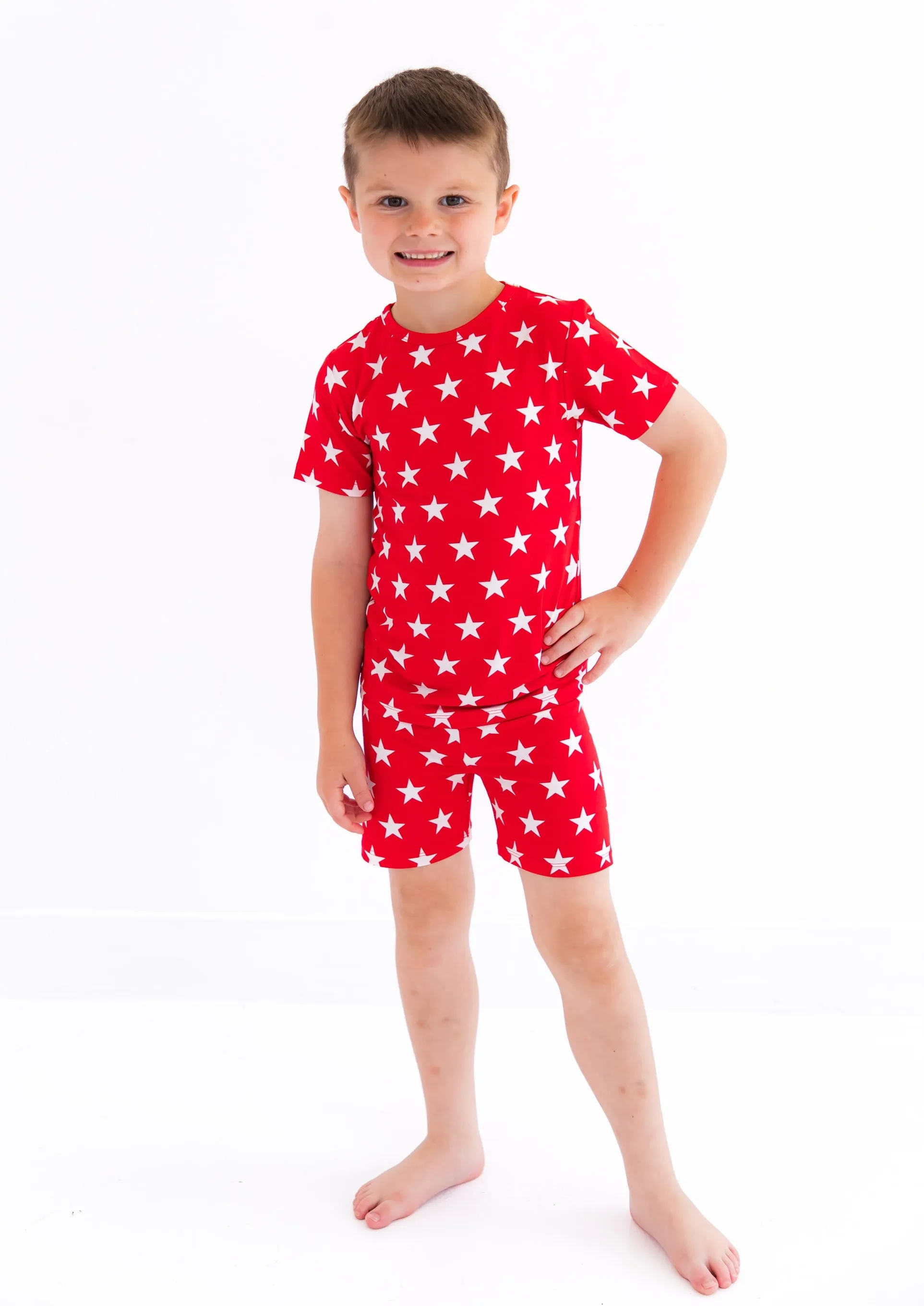 Birdie Bean Red Stars 4th of July Print 2-piece Short Sleeve Kids Pajamas with Shorts