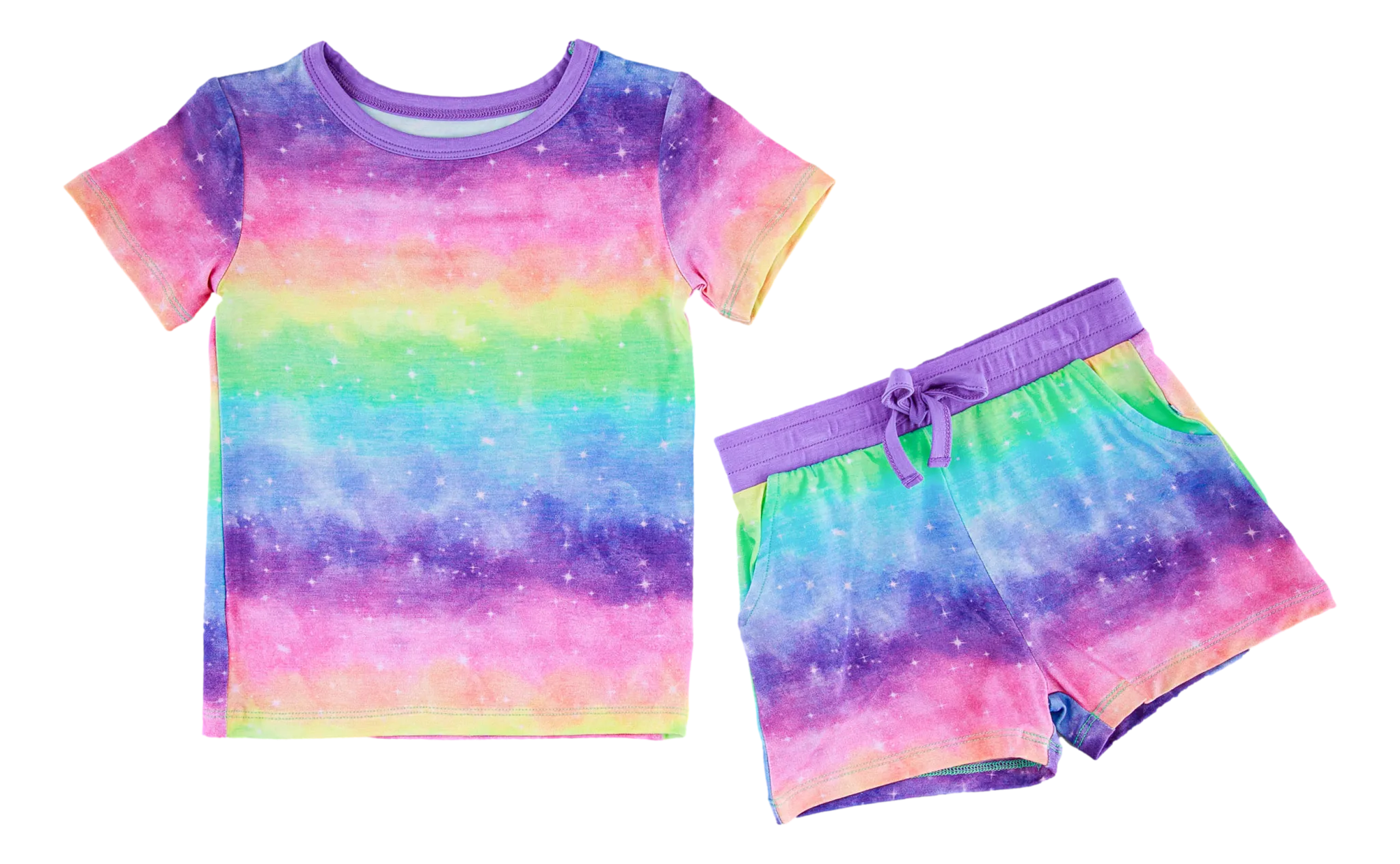 Birdie Bean Thea Rainbow Print 2-piece Short Sleeve Kids Pajamas with Shorts