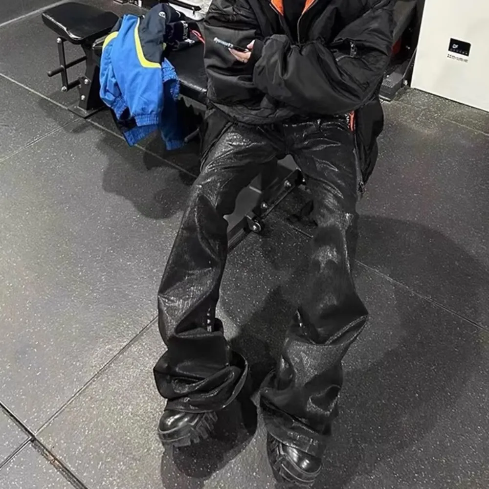 Black Wax Coated Flare Jeans