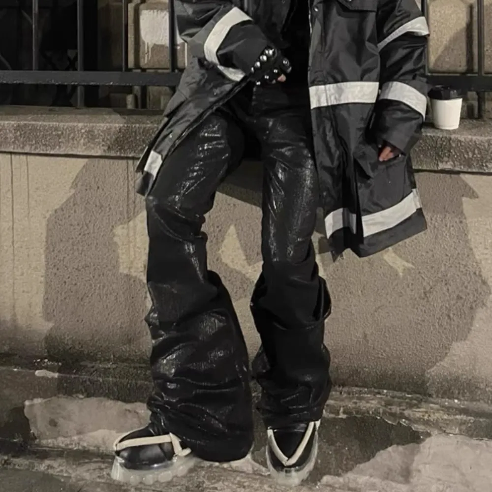 Black Wax Coated Flare Jeans