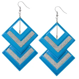 Blue Diamond Shaped Cutout Glitter Earrings
