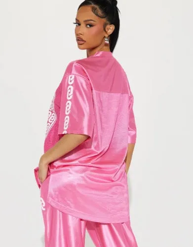 Bold Oversized Satin Mesh Jersey-Inspired Statement T-Shirt