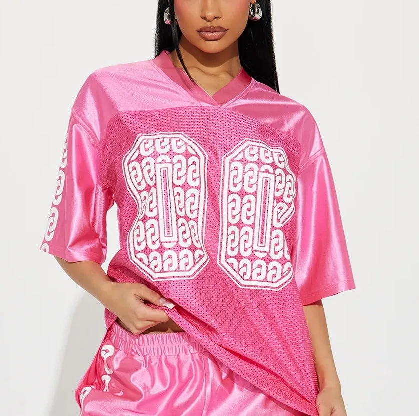 Bold Oversized Satin Mesh Jersey-Inspired Statement T-Shirt