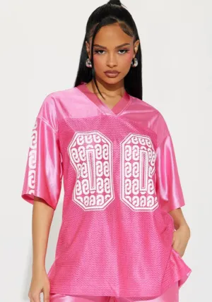 Bold Oversized Satin Mesh Jersey-Inspired Statement T-Shirt
