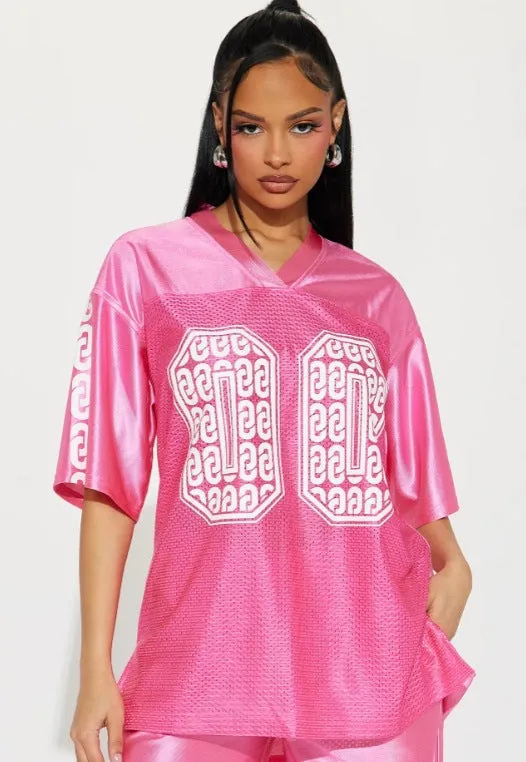 Bold Oversized Satin Mesh Jersey-Inspired Statement T-Shirt