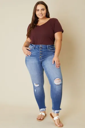 Brenda High Rise Button Fly Ankle Skinny Jean by Kan Can - Curvy