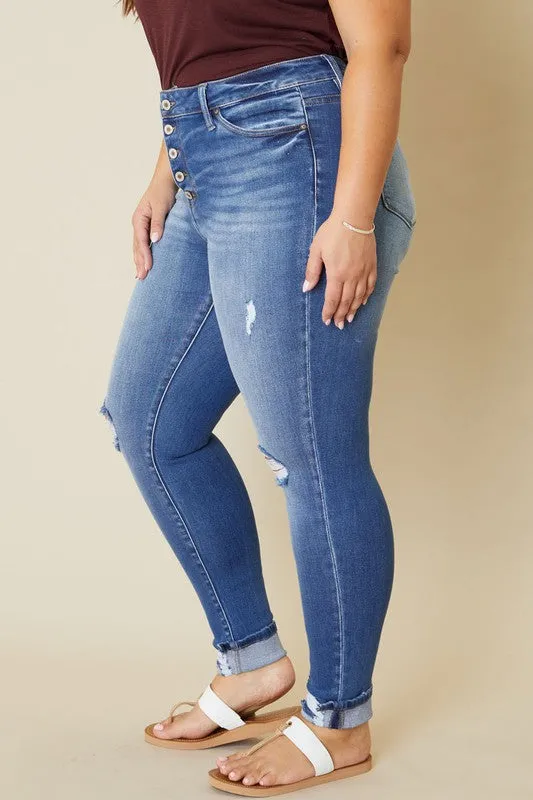 Brenda High Rise Button Fly Ankle Skinny Jean by Kan Can - Curvy