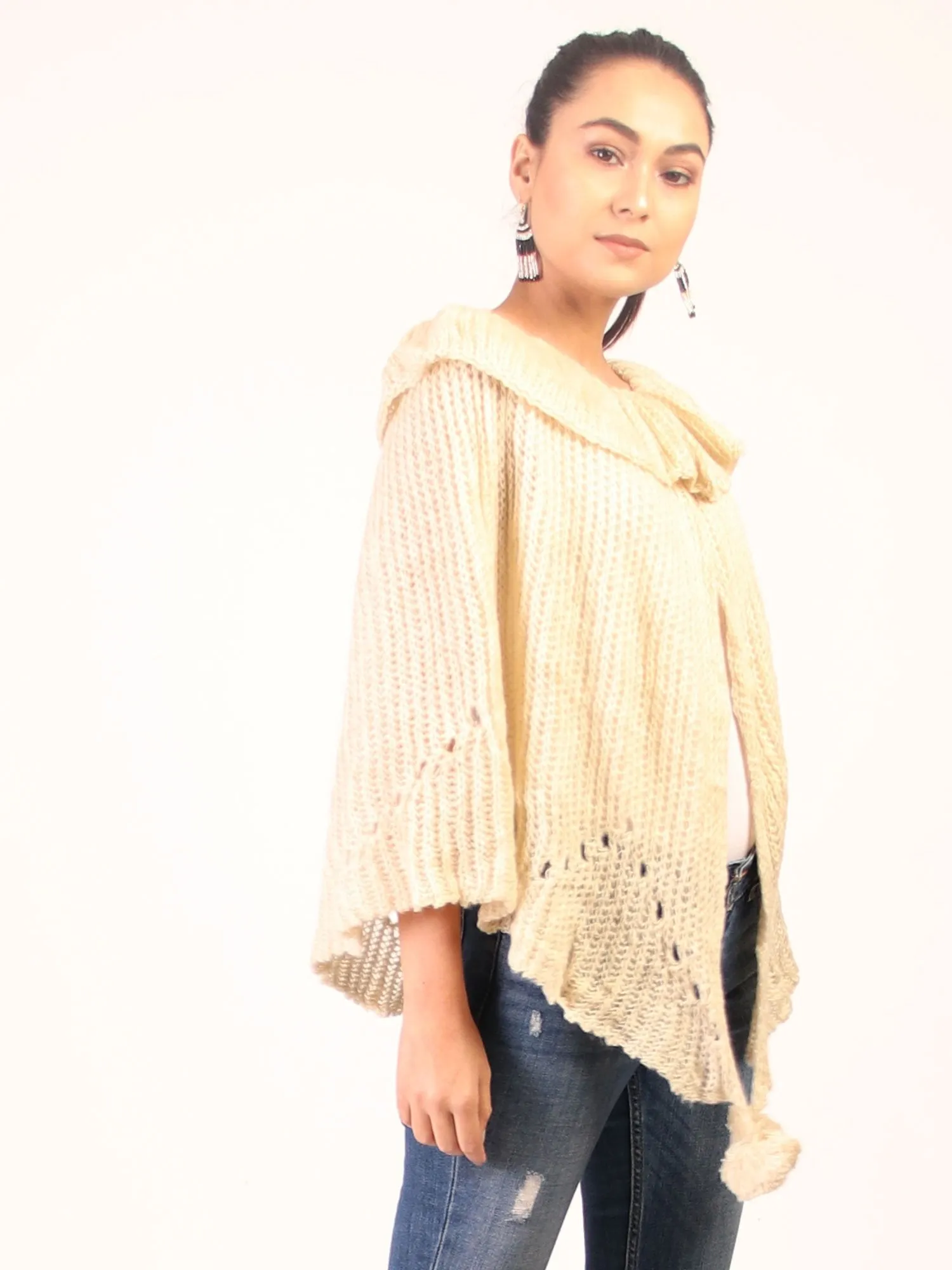 Cape Shrug With Pom Pom  Cream