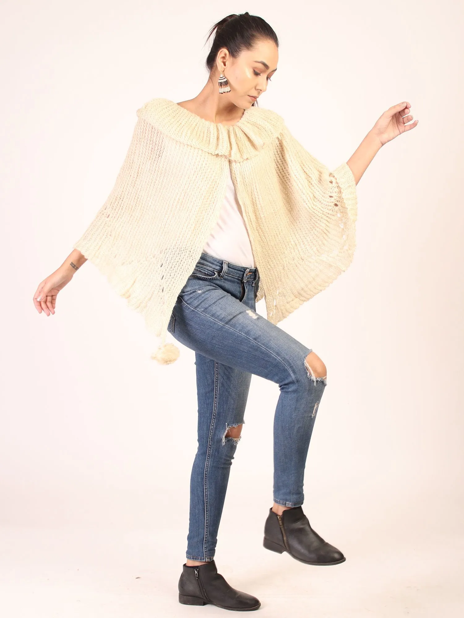 Cape Shrug With Pom Pom  Cream