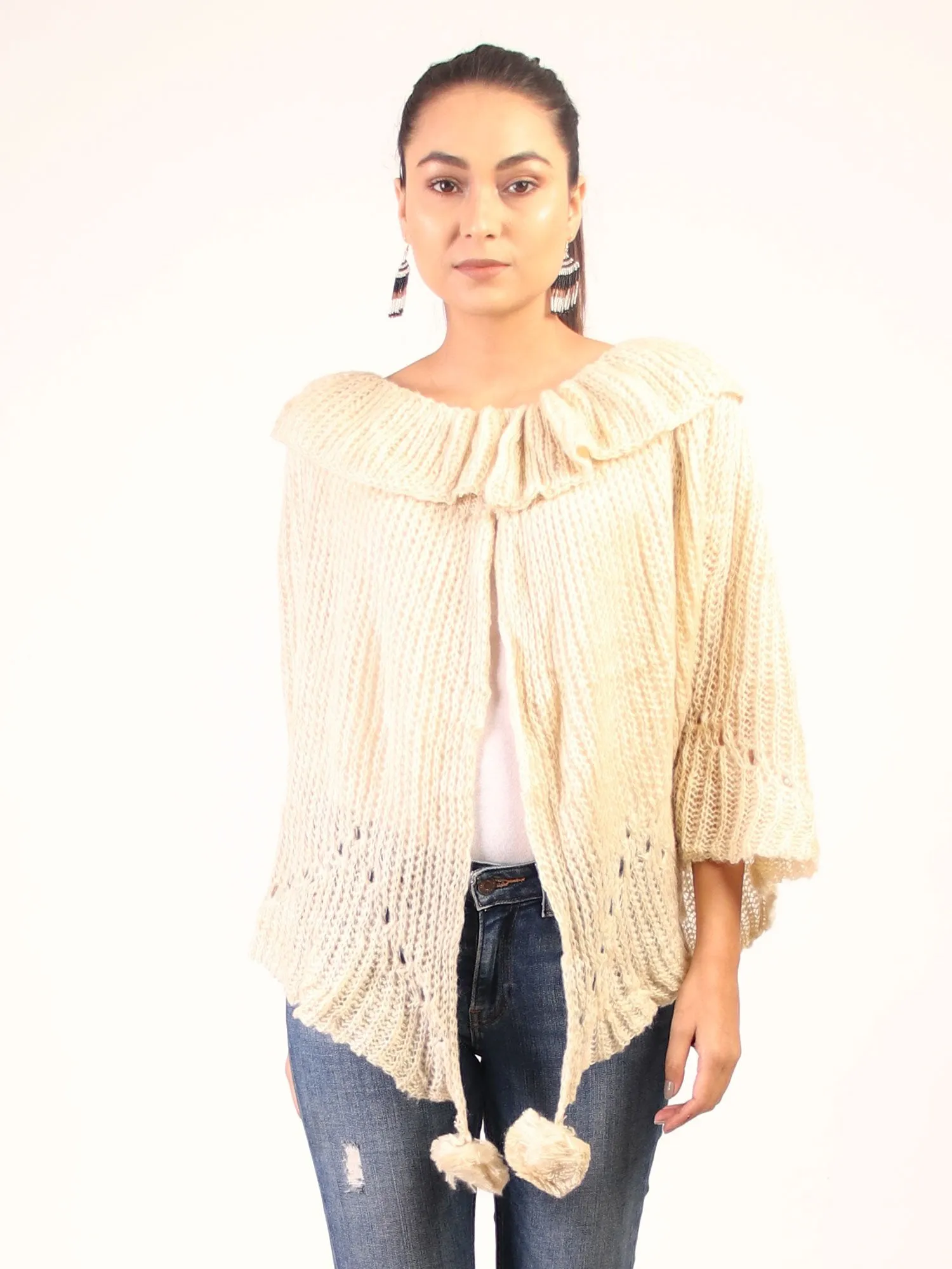 Cape Shrug With Pom Pom  Cream