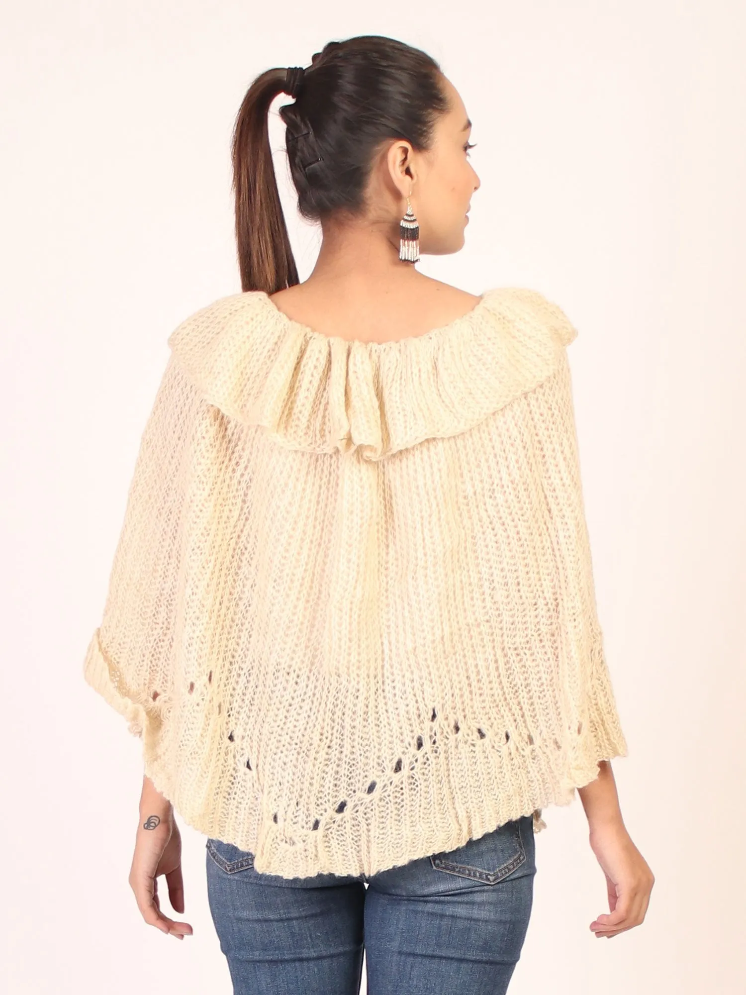Cape Shrug With Pom Pom  Cream