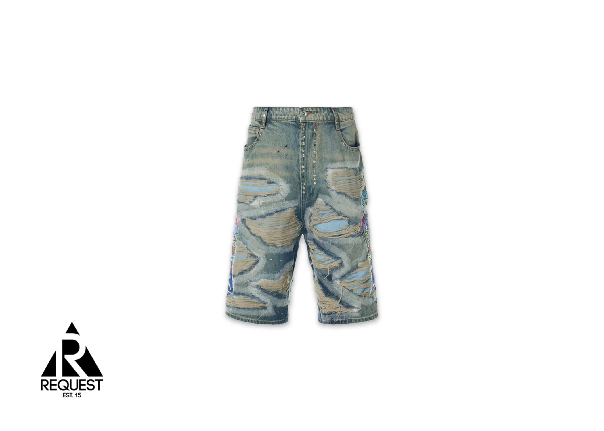 Chrome Stud Embroidered Denim Shorts "Blue"