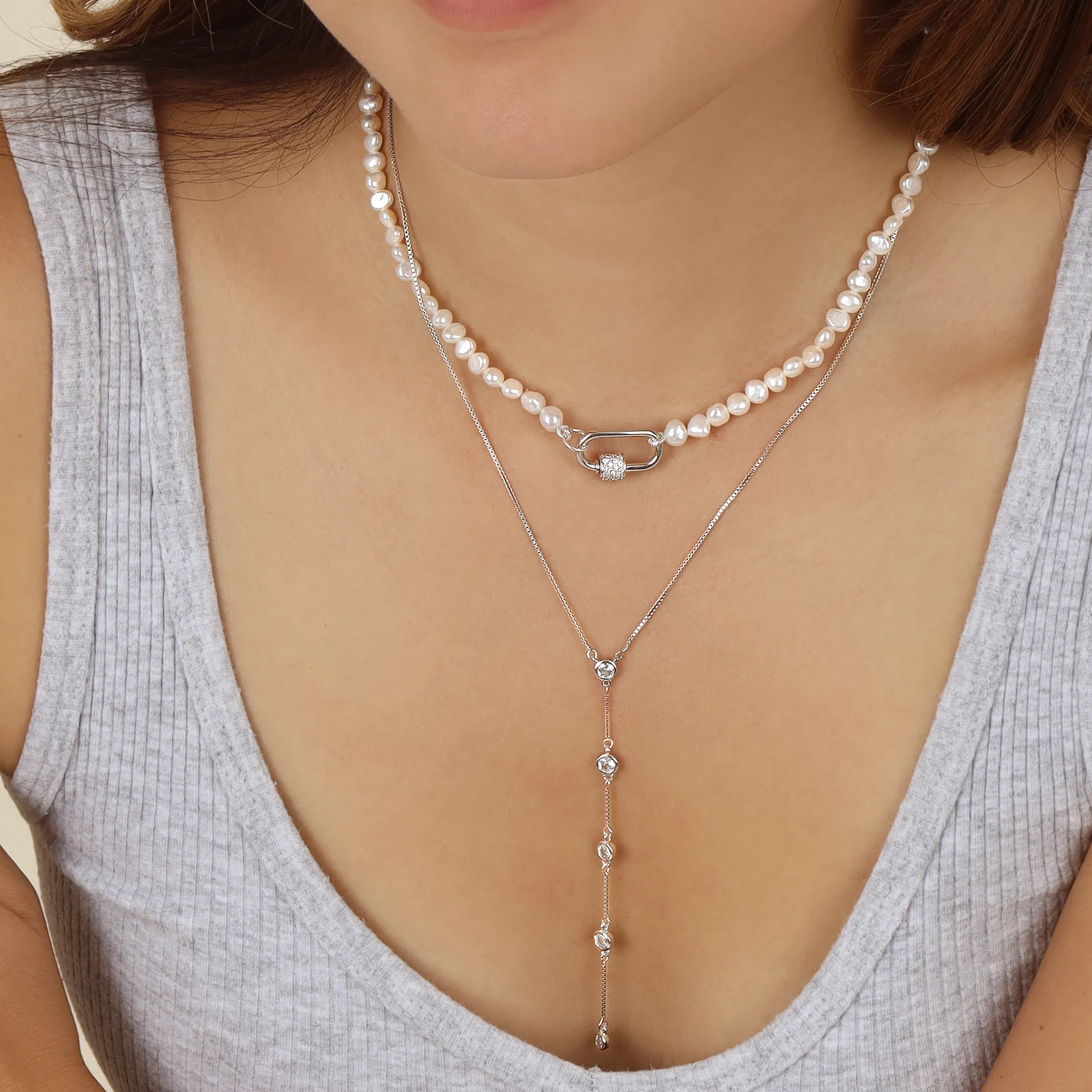 CZ Lock Clasp Pearl Necklace