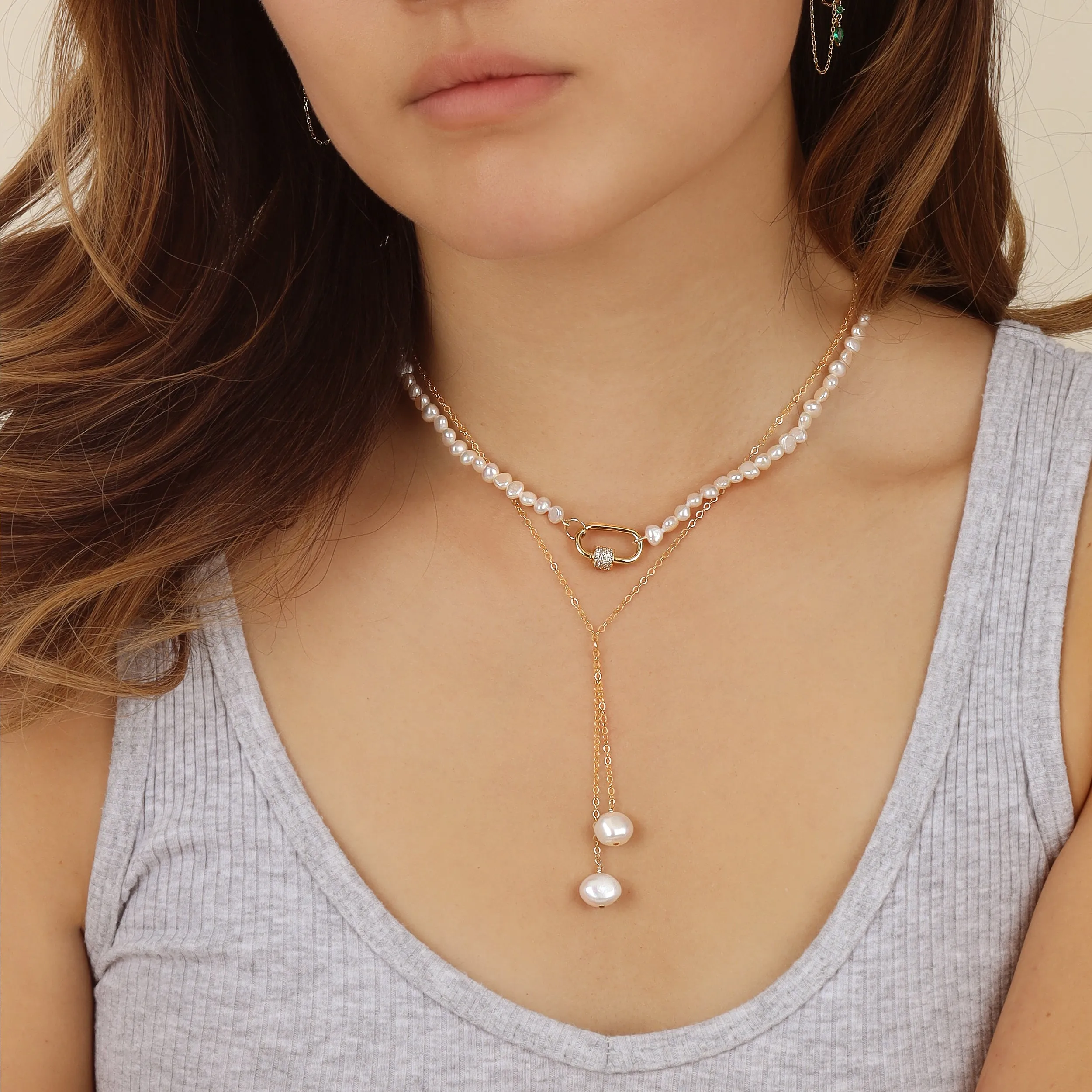 CZ Lock Clasp Pearl Necklace