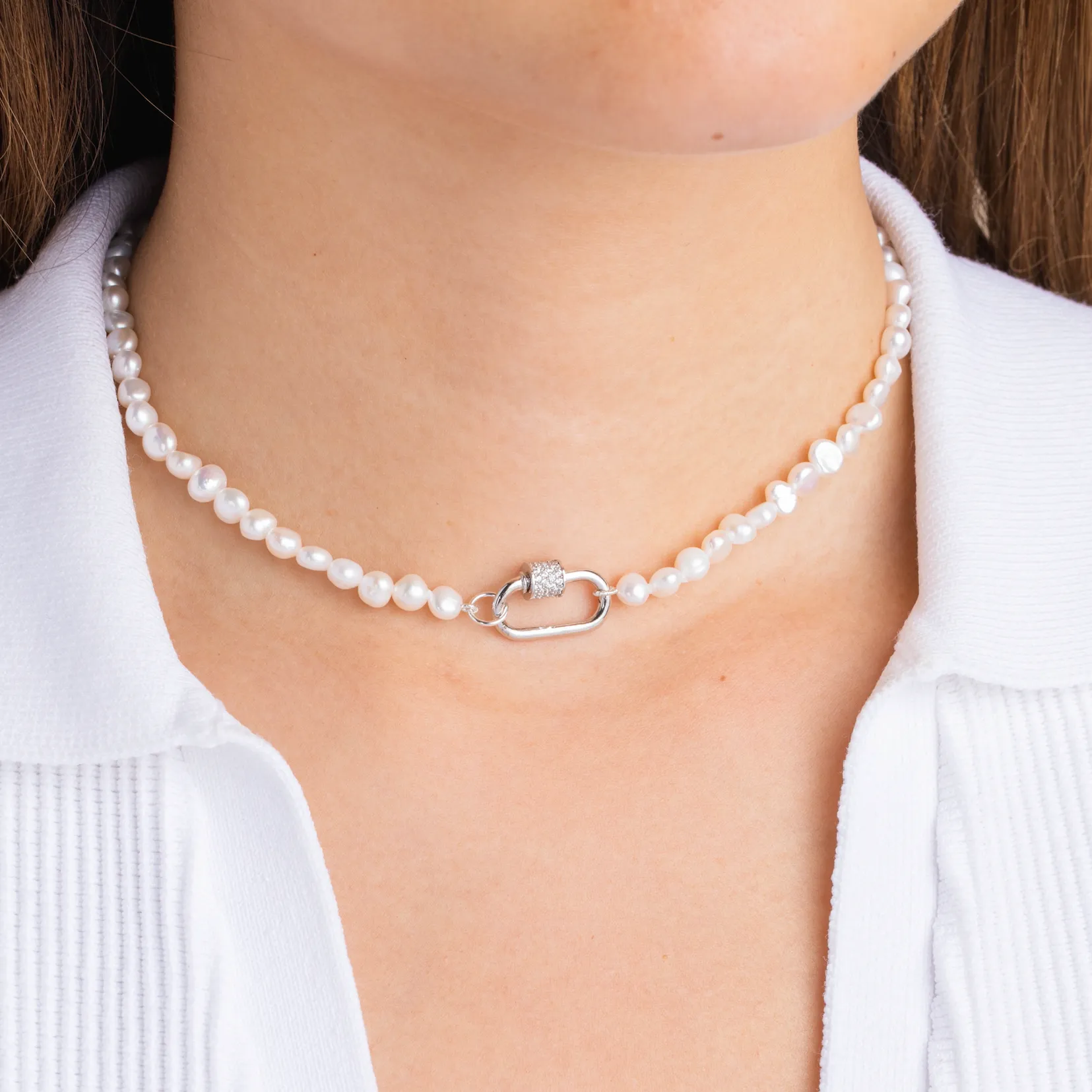 CZ Lock Clasp Pearl Necklace
