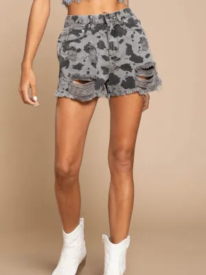 Dalmatians High Rise Ripped Denim Mom Shorts - Grey