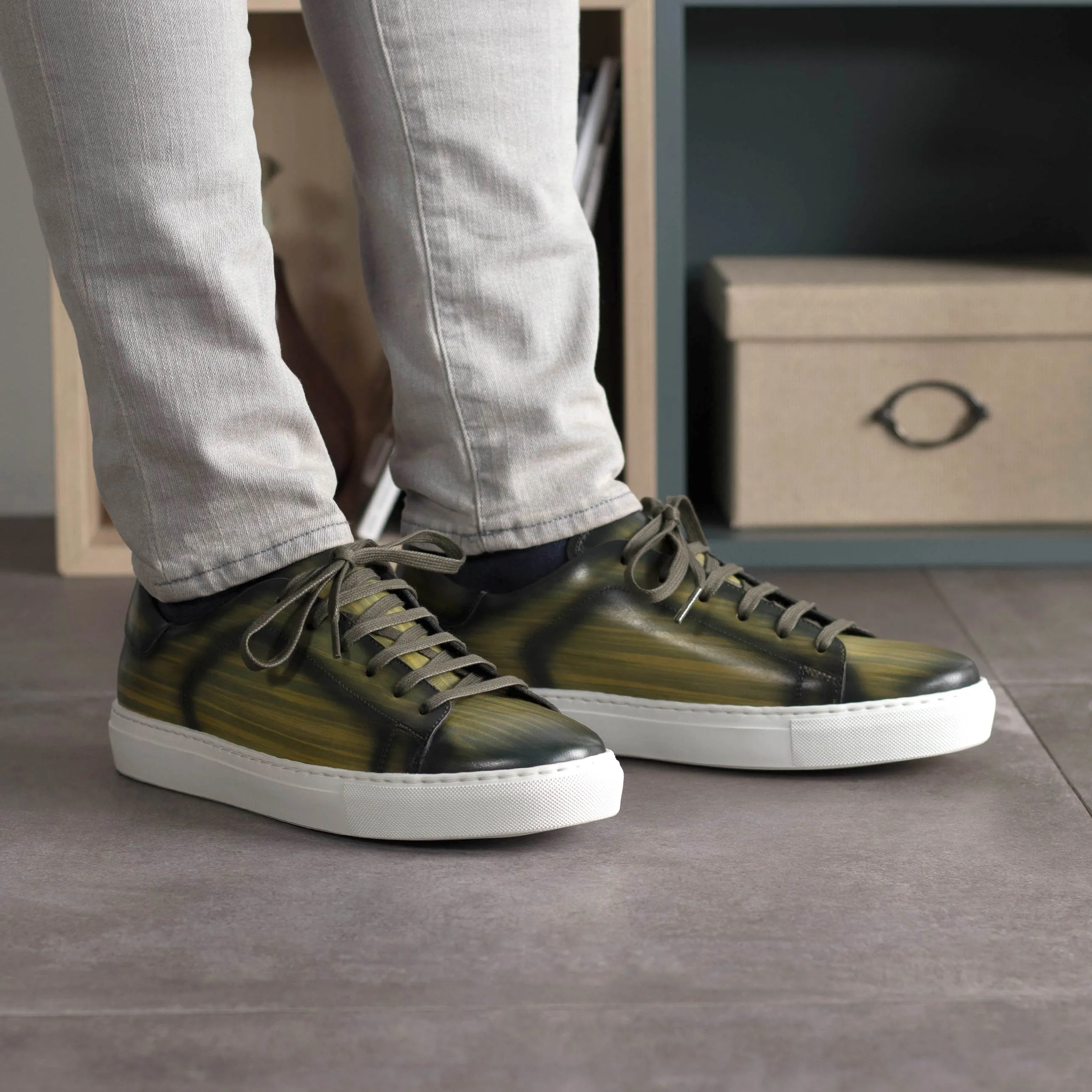 DapperFam Rivale in Khaki Men's Hand-Painted Patina Trainer