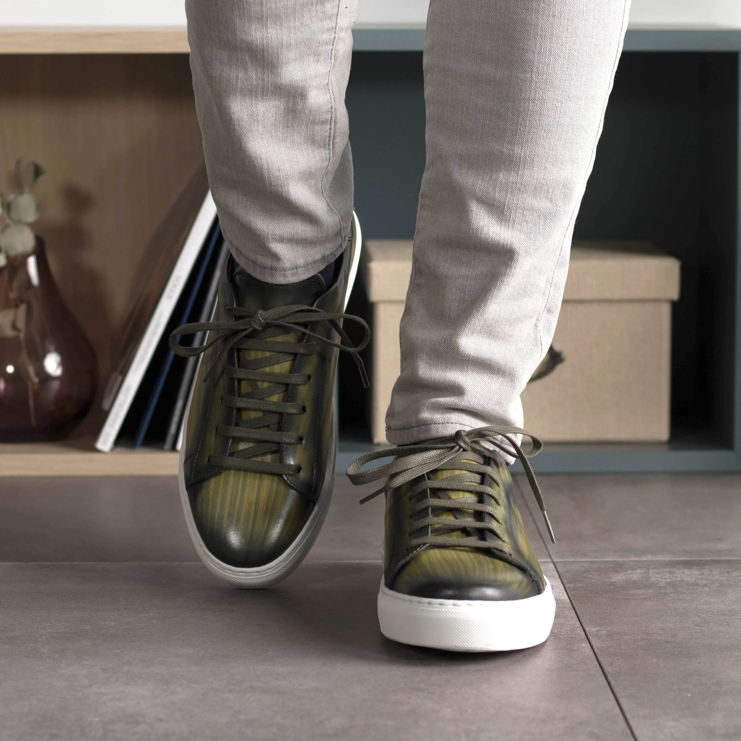 DapperFam Rivale in Khaki Men's Hand-Painted Patina Trainer