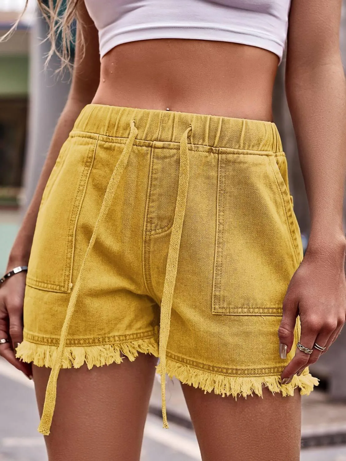 Drawstring Raw Hem Denim Shorts – Chill Fit, Edgy Finish
