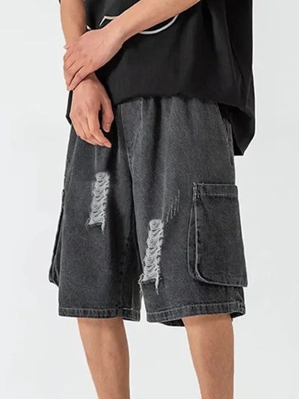 Dunkelgraue Vintage Herren Denim Shorts mit Aufgerissenen Taschen