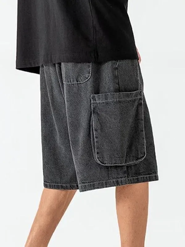 Dunkelgraue Vintage Herren Denim Shorts mit Aufgerissenen Taschen