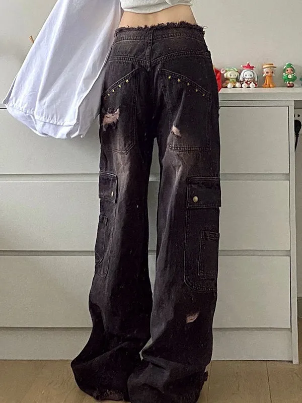 Dunkle Punk Distressed Nieten Zerrissene Cargo Jeans