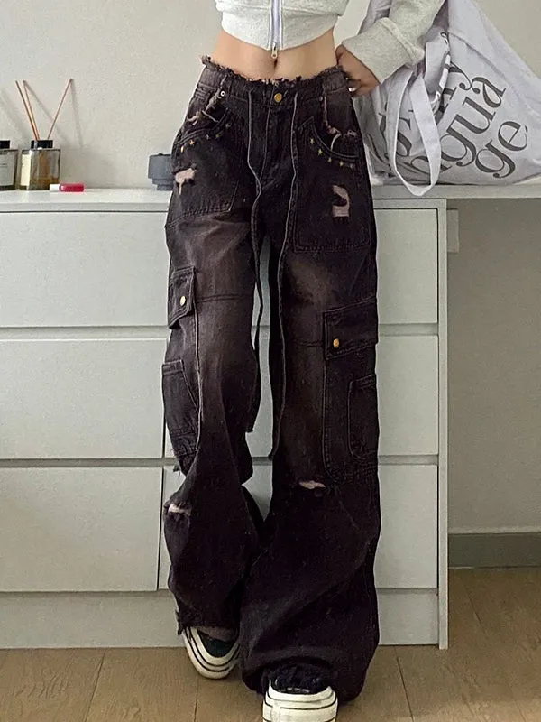 Dunkle Punk Distressed Nieten Zerrissene Cargo Jeans