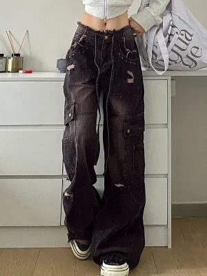 Dunkle Punk Distressed Nieten Zerrissene Cargo Jeans