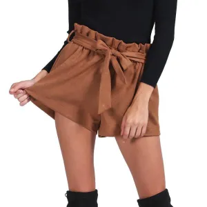 Fashion suede shorts women Retro elastic waist sashes brown shorts Casual Autumn Winter pocket cool shorts