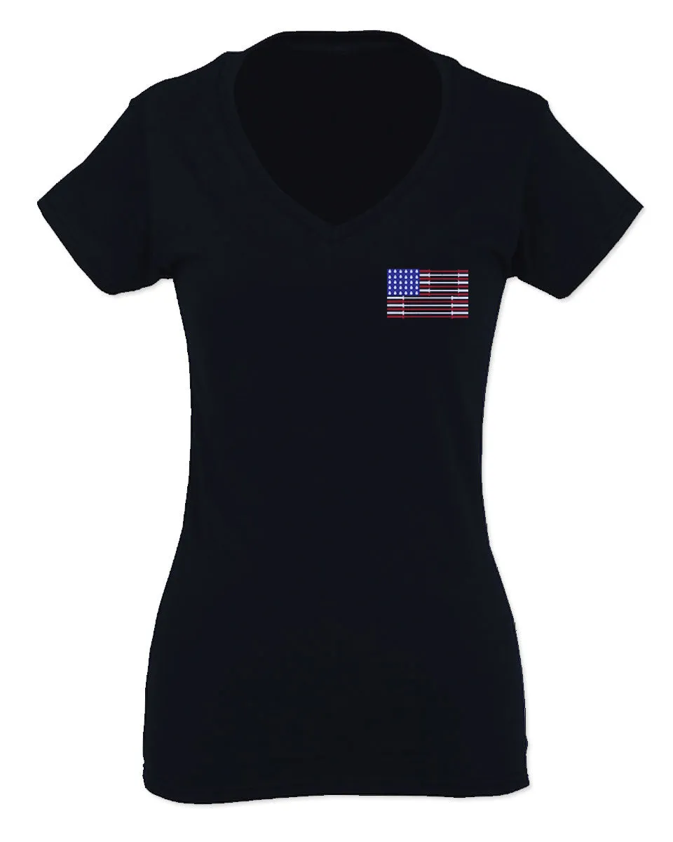 Fitness Bars America American Flags Gym Tough Workout For Women V neck fitted T Shirt
