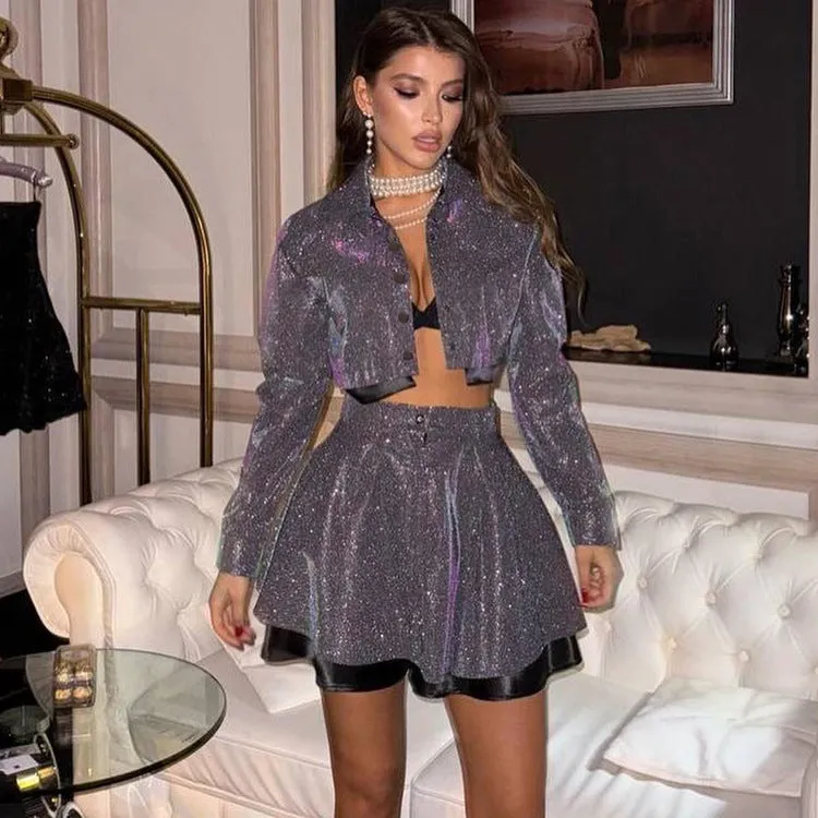 Glamorous Glitter Sequin Cropped Jacket and Skirt Two-Piece Set
