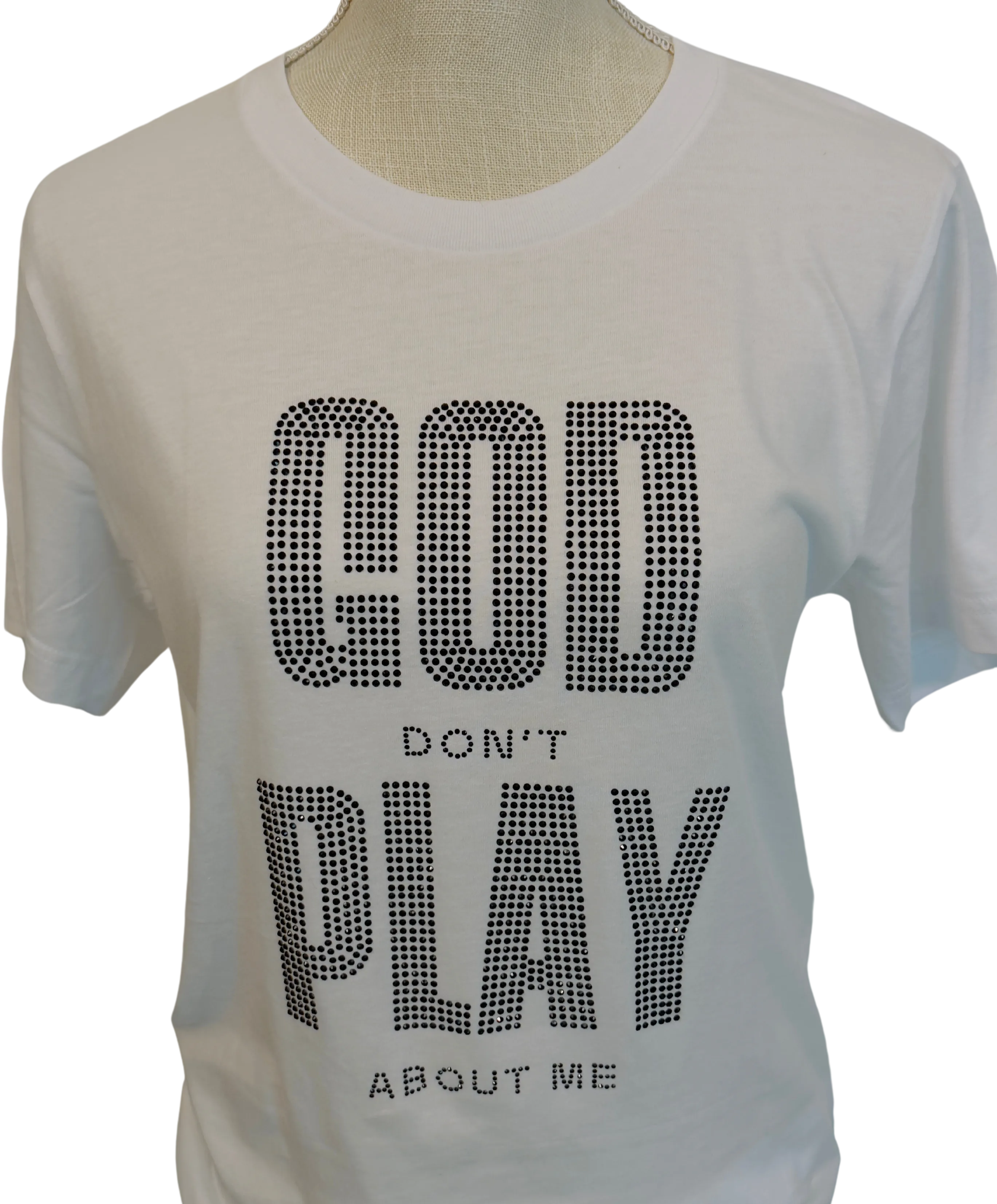 “God Don’t Play About Me” Rhinestone T-Shirt – Sparkle with Faith and Style
