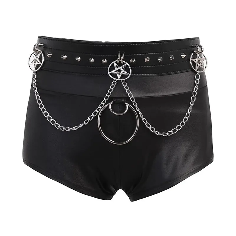 Gothic Faux Leather Bodycon Shorts with Chain Belt - Dark Goth Biker Style