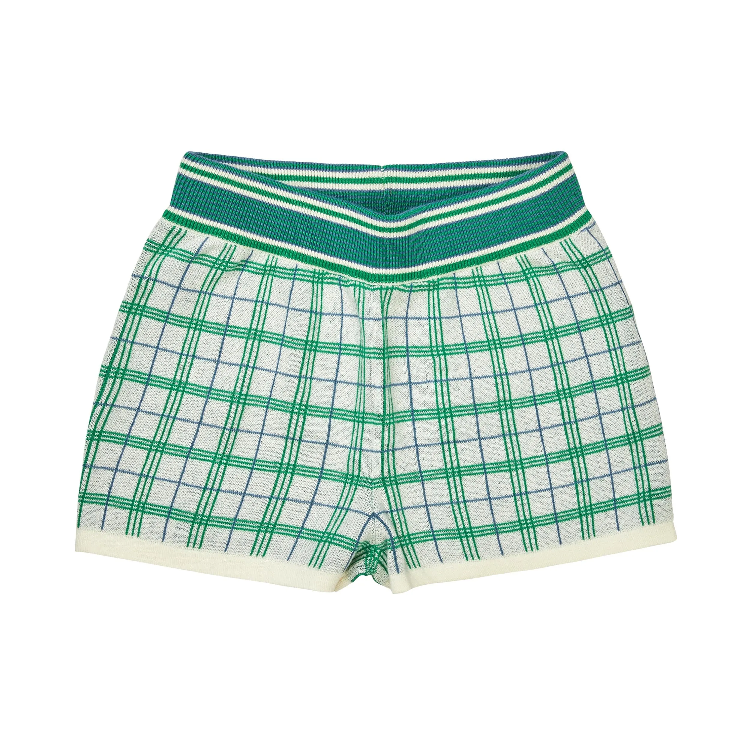 Green Knitted Plaid Cotton Shorts