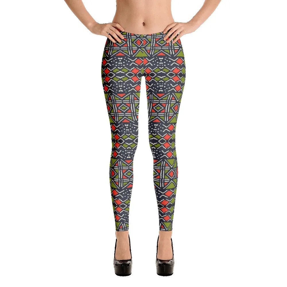 Green Red Bogolan African print Leggings