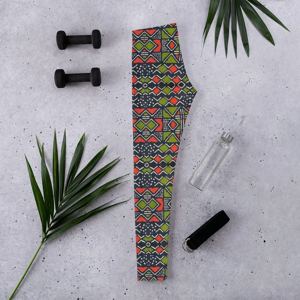 Green Red Bogolan African print Leggings