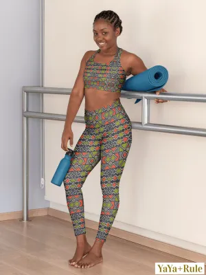 Green Red Bogolan African print Leggings